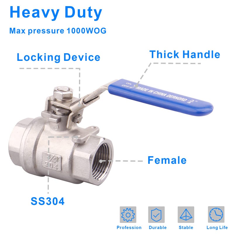 DERNORD Stainless Steel 304 Ball Valve, Full Port Heavy Duty for WOG with Locking Device (3/4" NPT) - Image 3